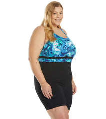 Sporti Plus Size HydroLast Aquarelle Palm Chlorine Resistant Scoop Back Unitard One Piece Swimsuit