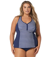 Beach House Women's Plus Size Estate Stripe Erinna Zip Front Tankini Top