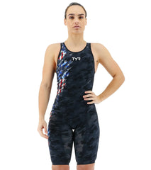 TYR Women's Venzo Camo USA Open Back Tech Suit Swimsuit