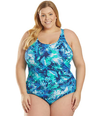 Sporti Plus Size HydroLast Aquarelle Palm Chlorine Resistant Conservative Scoop Back One Piece Swimsuit