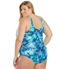 Sporti Plus Size HydroLast Aquarelle Palm Chlorine Resistant Conservative Scoop Back One Piece Swimsuit