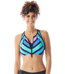 Beach House Women's Sunset & Stripes Synergy Front Zip Bikini Top