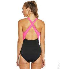 Dolfin Women's Aquashape Sporty Color Block Splice Crossover Chlorine Resistant One Piece Swimsuit