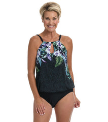 Maxine Women's Fiji Floral High Neck Keyhole Blouson Mio One Piece Swimsuit