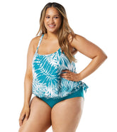 Beach House Women's Plus Size Abstract Palm Sarah Side Tie Blouson Tankini Top
