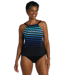 Maxine Women's Chlorine Resistant Tonal Gradient Stripe High Neck Tankini Top