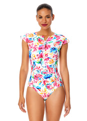 Anne Cole Women's Watercolor Paisley Flutter Sleeve Zip Front One Piece Swimsuit