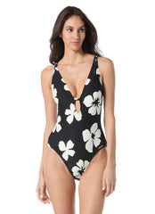 Vince Camuto Women's Spaced Floral Plunge One Piece Swimsuit