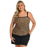 Maxine Women's Plus Size Cougar Ruffled Bandeau Tankini Top