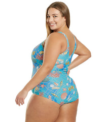Sporti Plus Size Caribbean Sea Conservative Printed Girl Leg One Piece Swimsuit