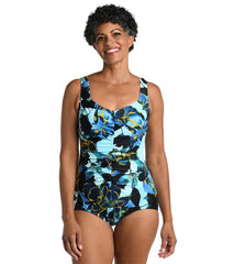 Maxine Women's Moonlit Garden Shirred Front Girl Leg One Piece Swimsuit