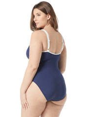 Beach House Women's Plus Size Solid Binding Racey Zip Front One Piece Swimsuit