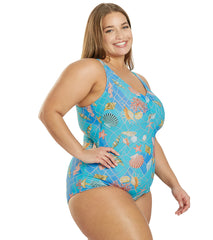 Sporti Plus Size Caribbean Sea Conservative Printed Girl Leg One Piece Swimsuit