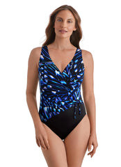 Longitude Women's Long Torso Wingful Thinking Shirred Faux Tie Surplice One Piece Swimsuit