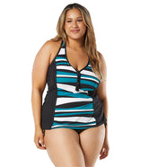 Beach House Women's Plus Size Wave Pool Stripe Erinna Racer Back zip Front Tankini