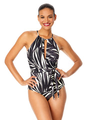 Anne Cole Women's Palm Chic Plunge High Neck Sash Belt One Piece Swimsuit