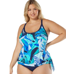 Beach House Women's Plus Size Geo Palm Triumph Double Layer Racerback Tankini Top