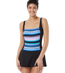 Gabar Women's Chlorine Resistant Atlantic Stripe Square Neck Swim Dress