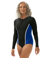 Dolfin Aquashape Women's Color Blocked Zip Front Mock Neck Long Sleeve Moderate One-Piece Swimsuit