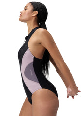 Speedo Women's Colorblock Zip Neck One Piece Swimsuit