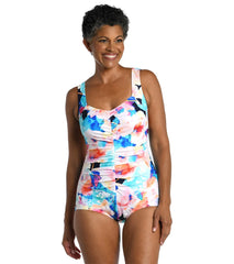 Maxine Women's Illusion Blossoms Shirred Front Girl Leg One Piece Swimsuit