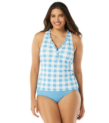 Beach House Women's Summer Gingham Nina Ruffle Trim Racerback Tankini Top