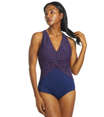 Gabar Woman's Chlorine Resistant Deep Water Dot Draped Twist V Neck One Piece Swimsuit