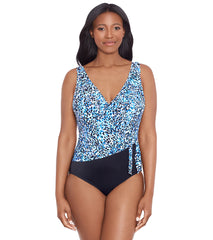 Longitude Women's Spotty Skin Ruffle Front Sash Surplice One Piece Swimsuit