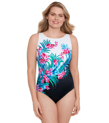 Longitude Women's Fuji Isle Panel Scoopback Highneck Long Torso One Piece Swimsuit