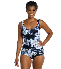 Maxine Women's Moonlight Tropics Shirred Front Girl Leg One Piece Swimsuit