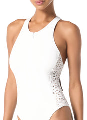 Michael Kors Women's Laser Cut Scuba Zip Front One Piece Swimsuit