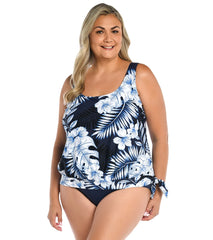 Maxine Women's Plus Size Moonlight Tropics Banded Scoop Blouson Tankini Top