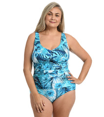 Maxine Women's Plus Size Indigo Palms Twist Front Mio Girl Leg One Piece Swimsuit