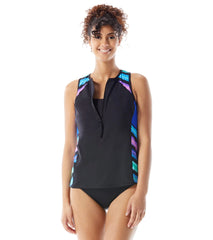 Beach House Women's Sunset & Stripes Racer Zip Front Tankini Top