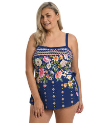 Maxine Women's Plus Size Border Blooms Bandeau Sarong One Piece Swimsuit