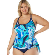 Beach House Women's Plus Size Geo Palm Triumph Double Layer Racerback Tankini Top