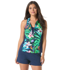 Beach House Women's Tropic Paradise Racer Zip Front Tankini Top