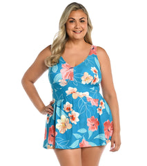 Maxine Women's Plus Size Crafted Botanical Empire Swim Dress