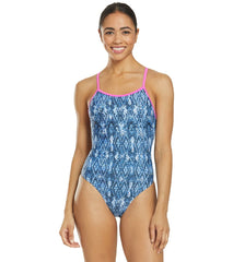 Sporti Polyester Ikat Denim Thin Strap One Piece Swimsuit