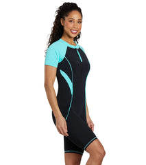 Dolfin Women's Aquashape Color Block Short Sleeve Zip Front Unitard