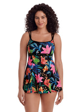 Longitude Women's Long Torso Mighnight Plumeria Empire Princess Seam Swim Dress