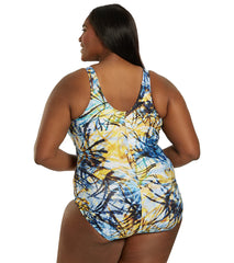 Sporti Plus Size Breezy Palms Conservative Printed Girl Leg One Piece Swimsuit