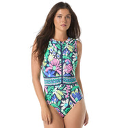 Beach House Women's Monterey Garden Visualize Sleeveless Zip Front One Piece Swimsuit