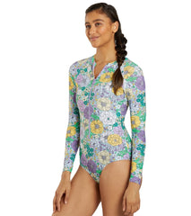 Sporti Active Bondi Floral Zip Front Long Sleeve One Piece Swimsuit