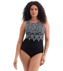 Longitude Women's Garland Edge Scoopback High Neck Long Torso One Piece Swimsuit