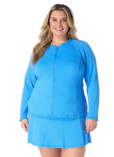 Beach House Women's Plus Size Solid Phoebe Long Sleeve Zip Front Rash Guard