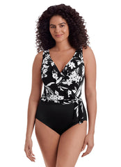 Longitude Women's Long Torso Vineyard Vacay Ruffle Front Sash One Piece Swimsuit