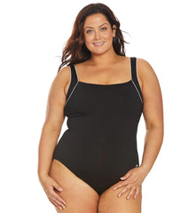 TYR Women's Plus Size Solid Square Neck Controlfit Chlorine Resistant One Piece Swimsuit Black