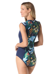 Beach House Sport Women's Midnight Tropical Endurance Sleevless Zip Front One Piece Swimsuit