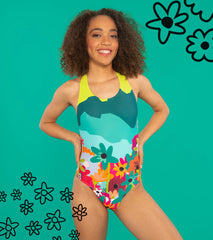 Sporti x She Is This Limited Edition Mountain Flower Wide Strap Cross Back One Piece Swimsuit